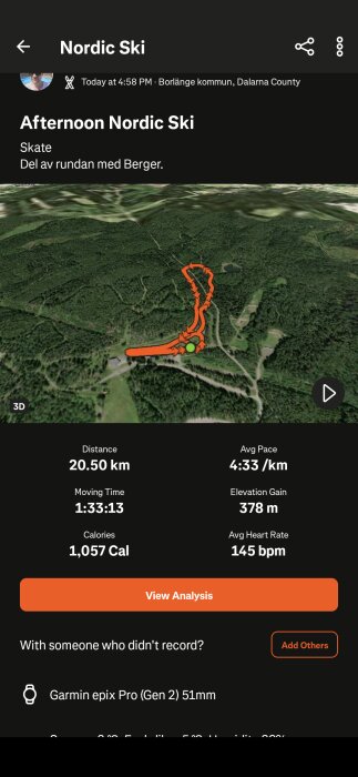 3D-karta över en nordisk skidtur i Borlänge med rutt markerad i orange, 20,5 km lång, 378 m höjdstigning, och data som tid, kalorier och puls.