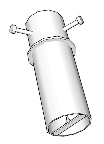 Illustration av slutgiltig design för granhållare med inbyggd vattenbehållare, justeringsskruvar och dubb för stabilisering.