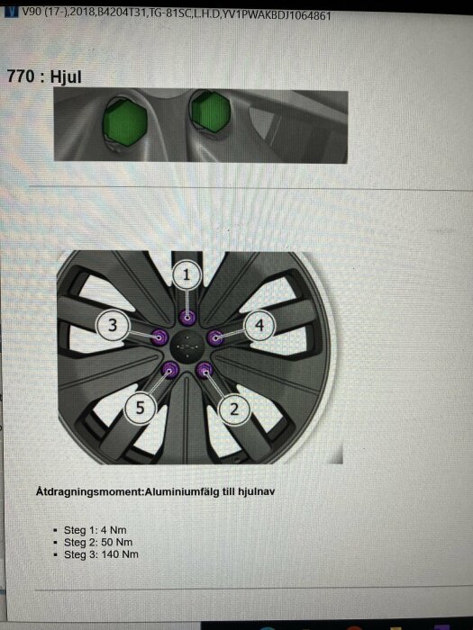 Volvos instruktionsbild från VIDA visar ett hjul med åtdragningsmoment för aluminiumfälg: Steg 1-4 Nm, Steg 2-50 Nm, Steg 3-140 Nm.