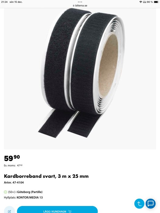 Svart kardborreband rulle 3 m x 25 mm från Biltema, pris 59,90 kr. Perfekt för att skapa starka, enkla lås för byggprojekt.