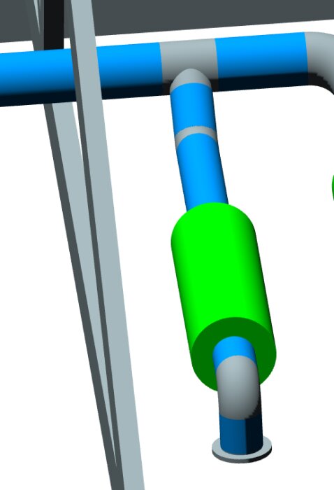 3D-modell av ventilationsrörsystem med blå rör och grön ljuddämpare för frånluftdon i kök.