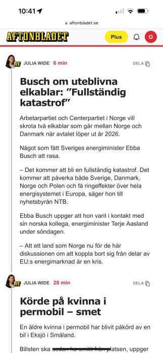 Tidningsartikel om energiminister Ebba Busch och diskussionen om Norges avlysning av elkabelavtal, som kallas en "fullständig katastrof".