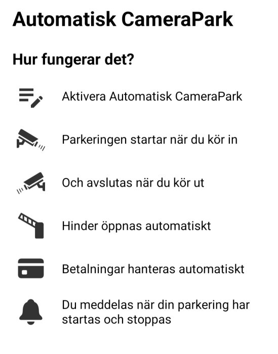 Infografik som beskriver hur Automatisk CameraPark fungerar med steg för aktivering, automatisk parkering, hinder, betalningar och parkeringsmeddelanden.