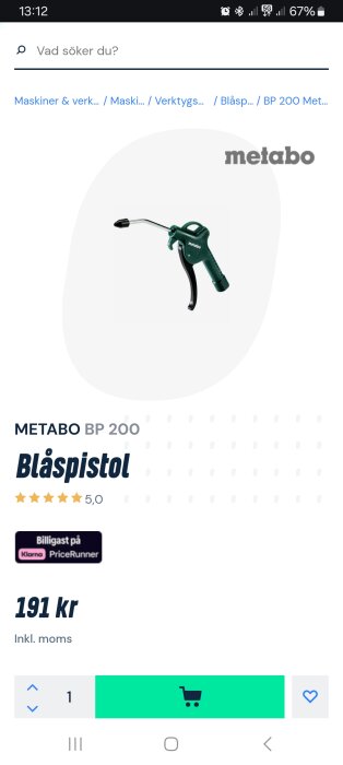 Blåspistol Metabo BP 200 med grönt handtag och svart munstycke, perfekt för snabbtömning. Pris 191 kr.