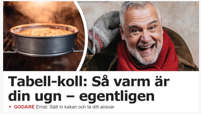 Man tar ut en varm kaka ur ugnen, bredvid en glad man med röd halsduk; artikel handlar om temperaturkontroll av ugnar.