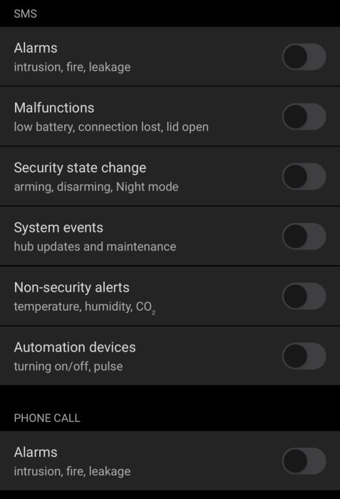Inställningsskärmbild som visar notisalternativ för SMS och telefonsamtal, inklusive larm och händelser, alla med avstängda reglage.