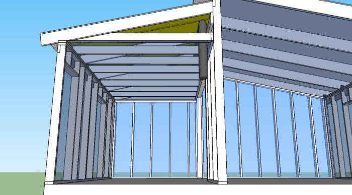 3D-modell av ett tak och väggkonstruktion med synliga bjälkar, ångspärr och ventilationsrör i genomskärning, del av byggprojekt.