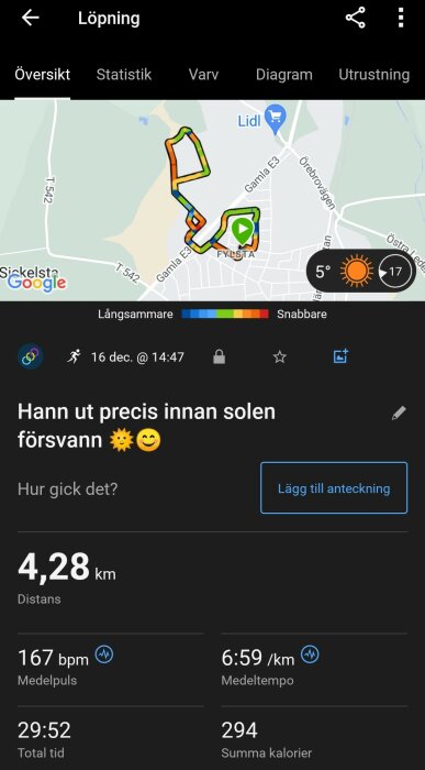 Skärmdump av löprunda på karta med distans 4,28 km, tid 29:52 minuter, medeltempo 6:59 min/km och väder 5°C soligt.