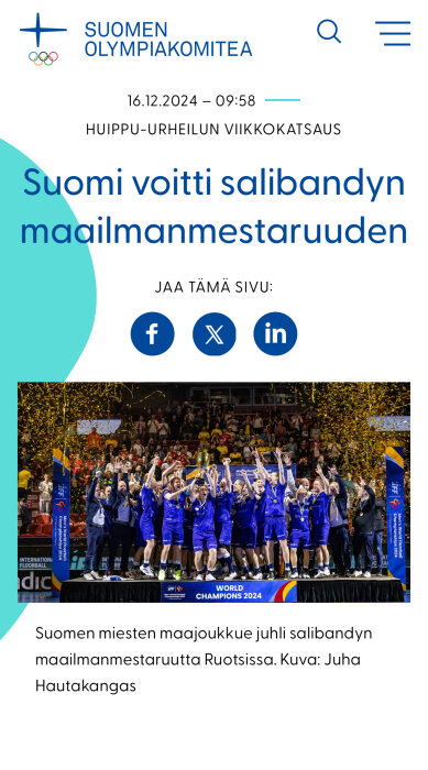 Finlands herrlag firar guld i innebandy-VM 2024, konfetti faller. Text: Suomi voitti salibandyn maailmanmestaruuden.