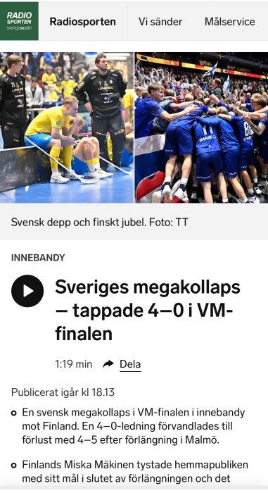 Svenska innebandyspelare deppar vid bänken, medan finska laget firar med fansen i bakgrunden.
