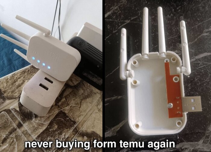 Tvådelad bild: vänster visar en falsk wifi-förstärkare inkopplad i ett vägguttag; höger visar förstärkarens tomma inre med texten "never buying from temu again".