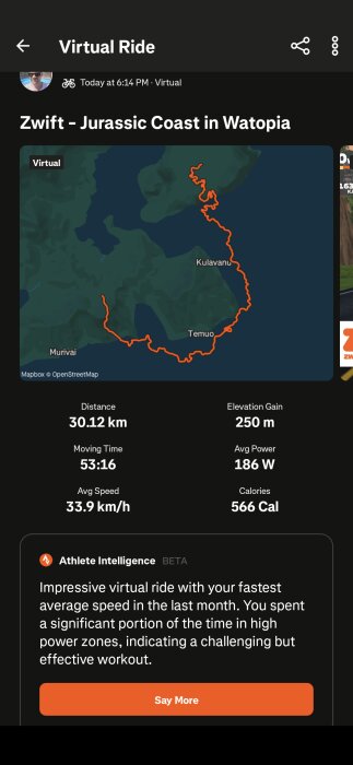 Karta över en virtuell cykelrutt på Zwift's Jurassic Coast i Watopia, med statistik som distans 30,12 km, höjdökning 250 m och genomsnittshastighet 33,9 km/h.