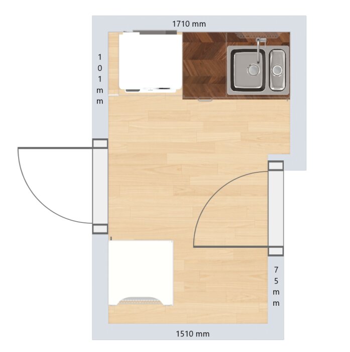 Ritning av nuvarande tvättstuga på 171x151 cm med vask, tvättpelare och två dörrar, visar rumsdimesioner och placering av inredning.