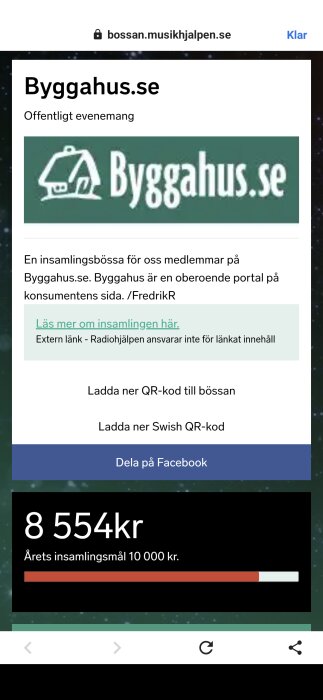 Skärmbild från Byggahus.se insamlingssida, visar insamlat belopp 8 554 kr av målet 10 000 kr. Innehåller logotyp och länk till mer information.