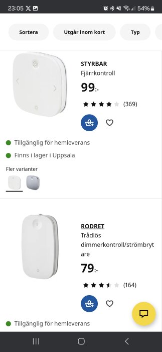 Svensk webbsida som visar två IKEA-enheter: STYRBAR fjärrkontroll och RODRET trådlös dimmerkontroll, med pris, betyg och lagerstatus.