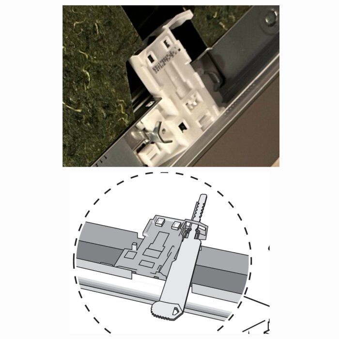 Närbild och ritning av en vit plastmekanism monterad på en metallstruktur, troligen del av en dörr eller skena med transportsäkring.