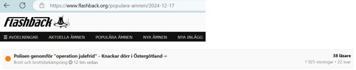 Skärmdump av en diskussionstråd på Flashback-forumet om polisens "operation julefrid" med dörrknackning i Östergötland. 38 läsare.