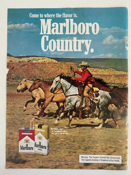 Reklamaffisch för Marlboro med cowboy som rider bland hästar på en öppen slätt, texten lyder "Come to where the flavor is. Marlboro Country.