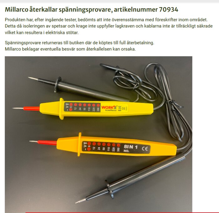 Gula Millarco spänningsprovare 8IN1 med artikelnummer 70934 visas på svart bakgrund med kablar och spetsar synliga.