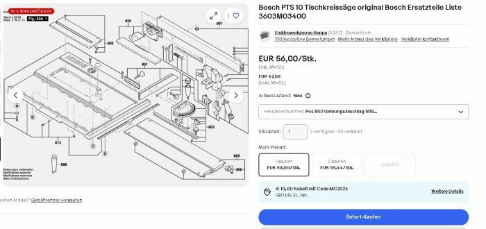 Skärmdump av tysk ebay-annons för Bosch PTS10 bordssåg, visar sprängskiss och pris 56 EUR med 10 EUR rabattkod MC2024.