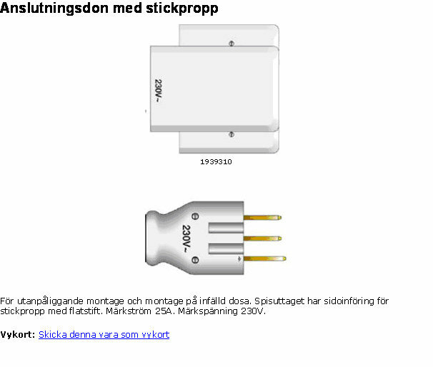 Anslutningsdon med stickpropp för 230V, visas med sidoinföring för spisuttag. Markström 25A för utanförliggande eller infälld monteringsdosa.