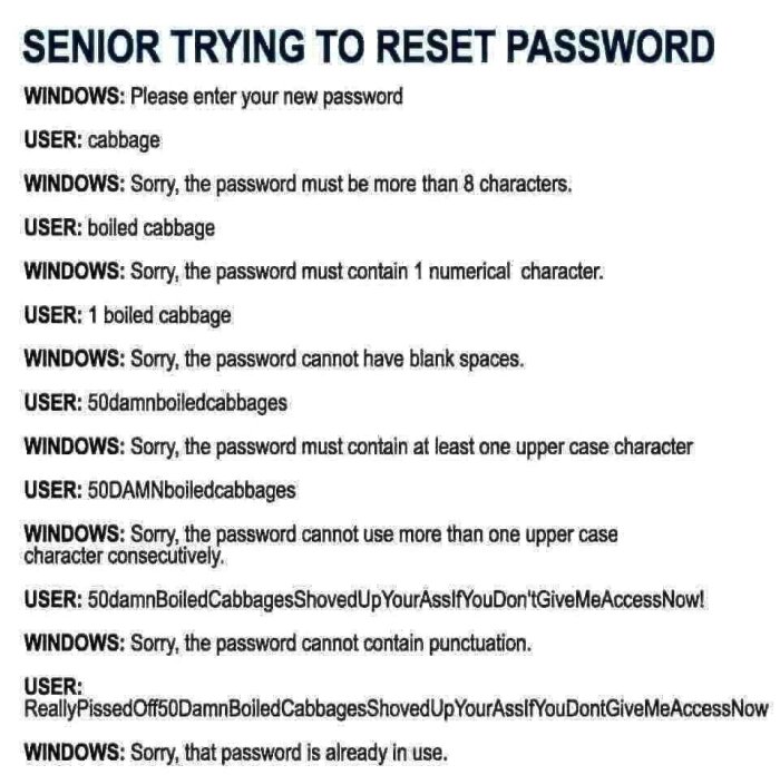 En humoristisk bildtext om en senior som försöker återställa sitt lösenord och möter många krav och felmeddelanden från Windows.
