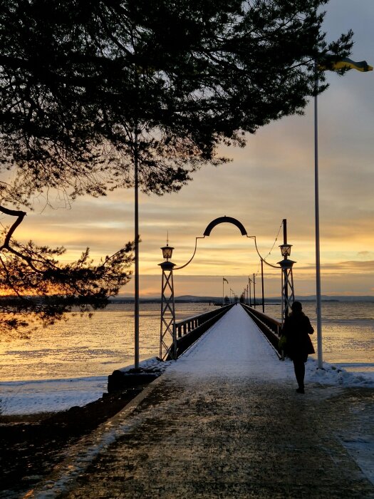 Brygga i vinterskrud vid solnedgång, med is och snö täckt mark, person som promenerar längs bryggan, träd och flaggstänger runtom.