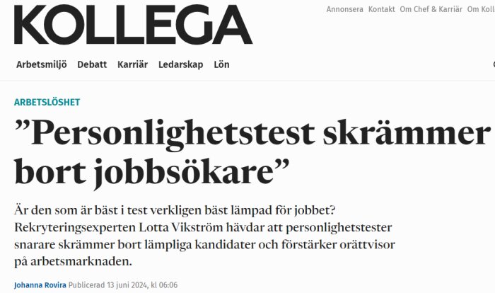 Tidningsartikel med rubriken "Personlighetstest skrämmer bort jobbsökare" om rekrytering och arbetsmarknadsproblem.