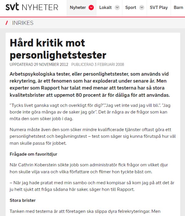 Skärmdump av en SVT Nyheter-artikel med rubriken "Hård kritik mot personlighetstester". Artikeln handlar om kvaliteten på tester i rekryteringsprocesser.