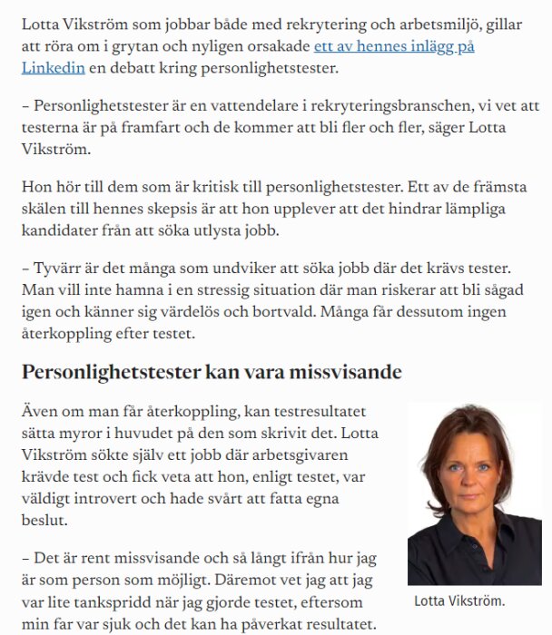 Kvinna i svart kavaj med axellångt hår, bild av Lotta Vikström bredvid artikeln om kritik mot personlighetstester i rekryteringsprocessen.