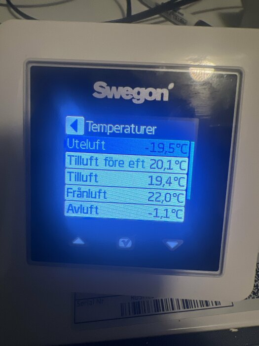 Display av ett Swegon-ventilationssystem som visar temperaturer: uteluft -19,5°C, tilluft före eftervärmare 20,1°C, tilluft 19,4°C, frånluft 22°C, avluft -1,1°C.