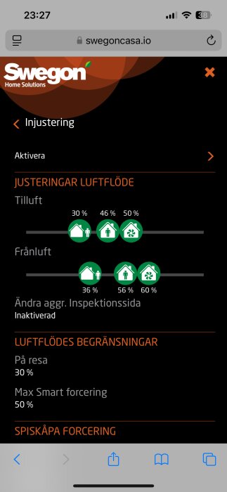 Skärmbild av Swegon Casa R5-H inställningar för luftflöde, visar tilluft och frånluft procentsatser för olika lägen.