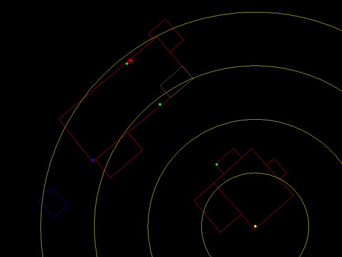 Skalenlig ritning visar möjliga positioner för mesh-nätverk (gröna prickar) mellan hus och ladugård med olika avstånd. Mätarskåp (röd prick) och växthus (blå).