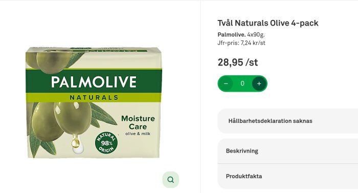 Palmolive tvålförpackning med fyra naturliga oliv- och mjölkdoftande tvålar, pris 28,95 kr/st, 98% naturligt ursprung.