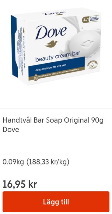 Förpackning av Dove beauty cream bar tvål, 90g, visas med pris 16,95 kr och en "Lägg till" knapp.