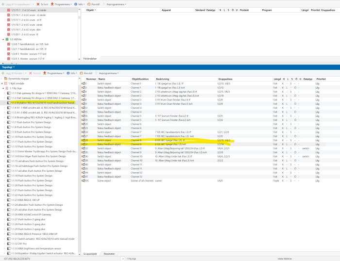 Skärmbild av ETS5-program med konfigurationsvyer för KNX och DALI, visar en lista över grupper och objekt, inklusive markerade objekt för spegelbelysning.