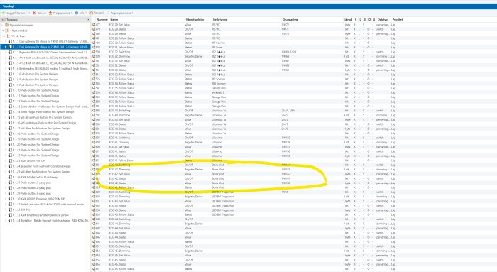 Skärmbild av Dali Gateway ETS5-programmet med objekt och gruppadresser för belysningsstyrning, objekt 585-591 markerade i gult.