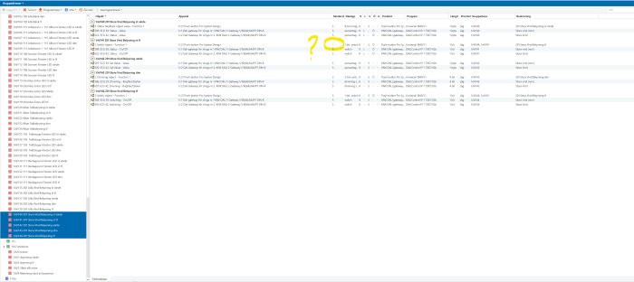 Skärmbild av ETS5-program som visar gruppadresser och apparatinställningar för belysningsstyrning i ett KNX-system, med markerade frågetecken.