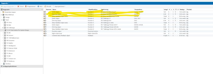 Skärmbild av KNX-programvara som visar en lista över objektfunktioner och gruppadresser för belysningsstyrning i olika delar av ett hus.