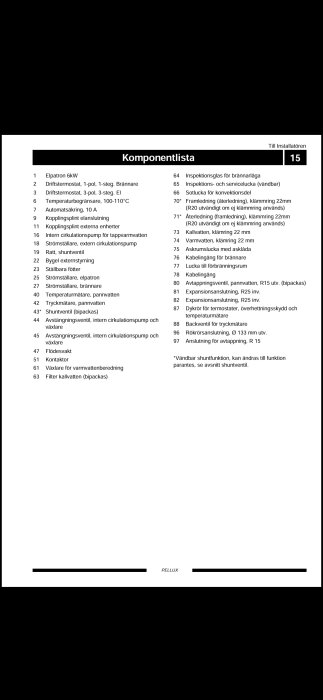 Komponentlista för Nibe Pellux värmesystem med olika delar, som elpatron, termostat, shuntventil och avstängningsventil, för att identifiera ventilens placering.