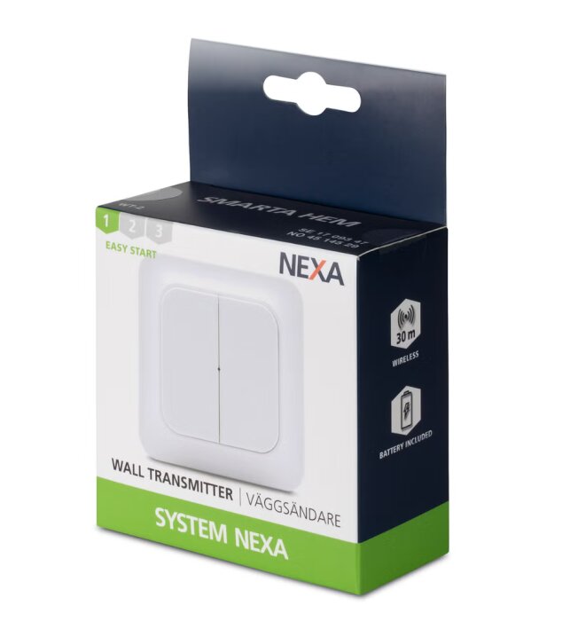 Förpackning av Nexa väggsändare, vit, med texten "30 m wireless" och "battery included" på kartongen.