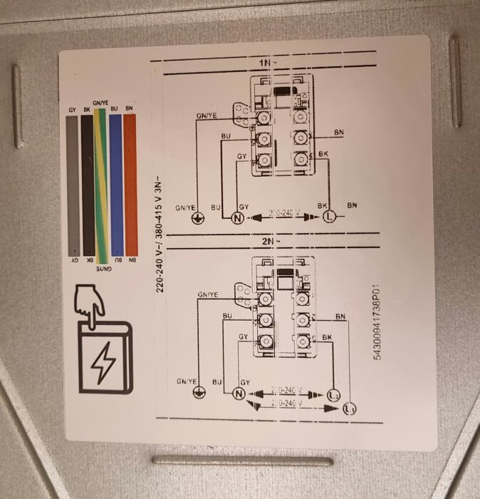 Kopplingsschema för elektrisk installation med färgkodade ledningar och symbol för ström.