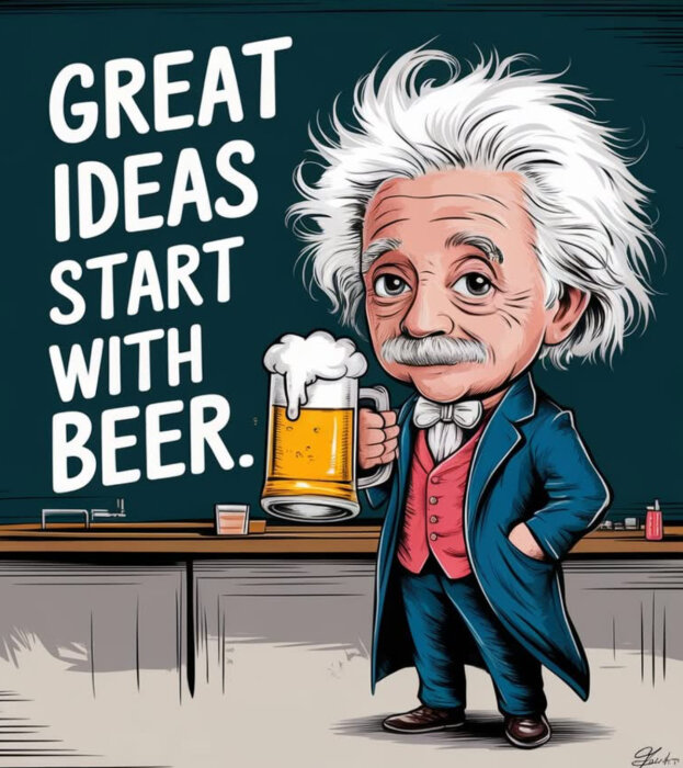 Tecknad bild av en man i blå kostym med ett ölglas. Texten på tavlan lyder "Great ideas start with beer".