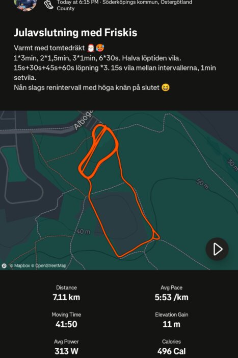 Karta med löparrunda markerad i orange, 7.11 km lång, med detaljer om distans, hastighet och kaloriförbrukning. Text om julavslutning med Friskis.