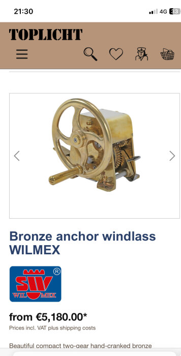 Bronze anchor windlass for sale on Toplicht's website, shown with a hand-crank mechanism and priced from €5,180.