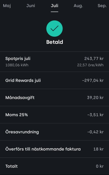 Elektronisk elräkning för juli månad, med spotpris, grid rewards, månadsavgift, moms och total summa på noll kronor.