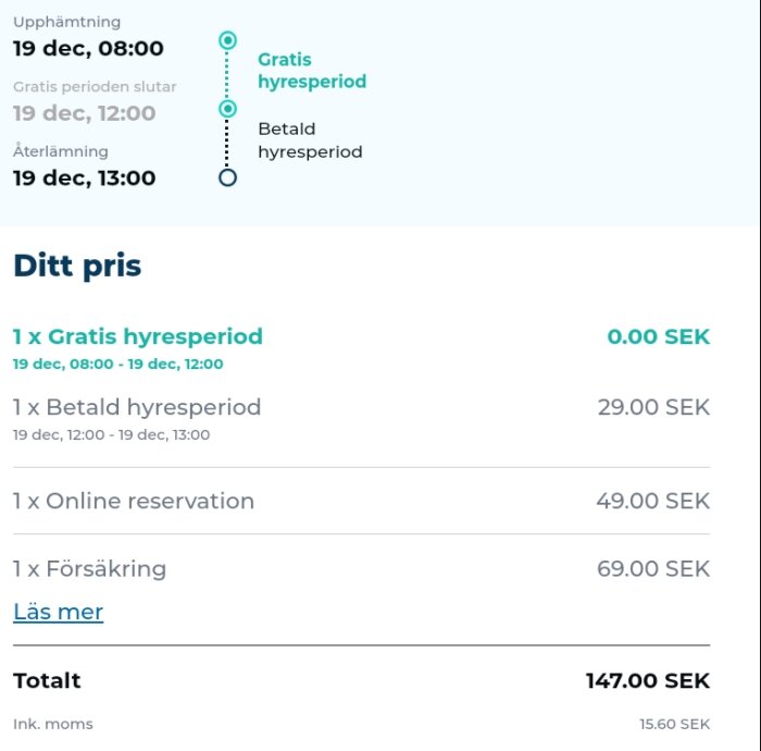 Översikt över hyresavtal med gratis och betald period, onlinebokning och försäkring. Totalpris 147 SEK, inklusive moms 15.60 SEK.