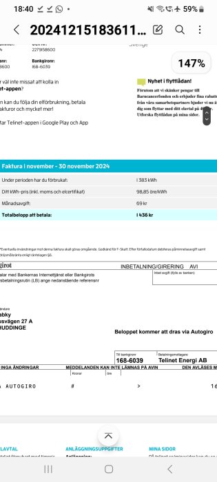 Faktura på elförbrukning från Telinet för november 2024, visar total kostnad 1 436 kr med en förbrukning på 1 383 kWh och pris 98,85 öre/kWh.