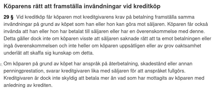 Text från en svensk lag om köparens rättigheter vid invändningar mot kreditköp enligt 29 §.