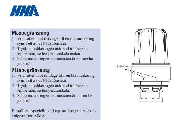 Instruktioner för att justera termostatens max- och minbegränsning med indikeringspunkter, inklusive hänvisning till specialverktyg från MMA.